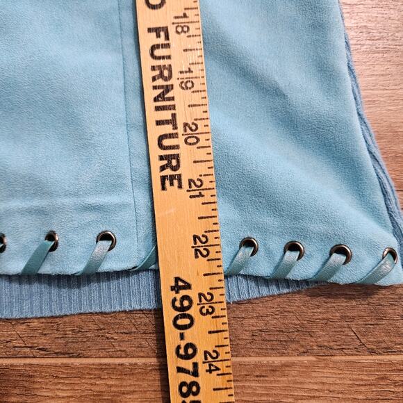 Radzoli Leather Lace Up Turtleneck Knit Sweater Turquoise Suede-Like Front Sz M - Picture 11 of 13